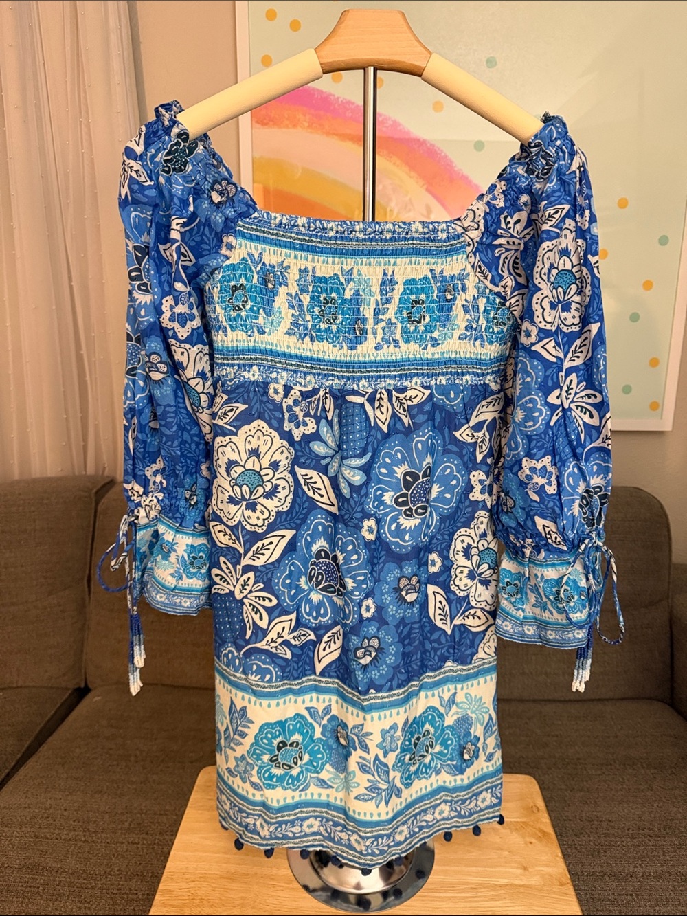 FARM Rio White Smocked Top with Blue Trim